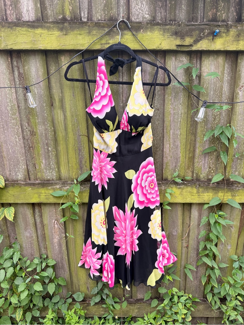 Cache Y2K Black Floral Halter Sundress with Pink & Yellow Flowers 100% silk